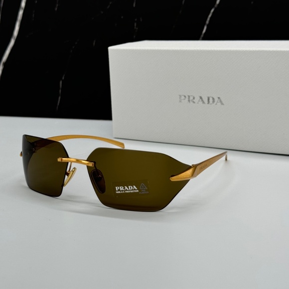 NEW PR A55S 15N01T PRADA GOLD GREEN RIMLESS SPR A55 15N01T WOMEN SUNGLASSES - Picture 1 of 13